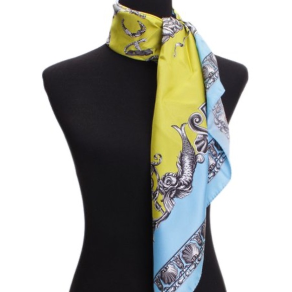 Light Blue & Yellow 'Versace' Filigree Silk Scarf - Picture 1 of 16